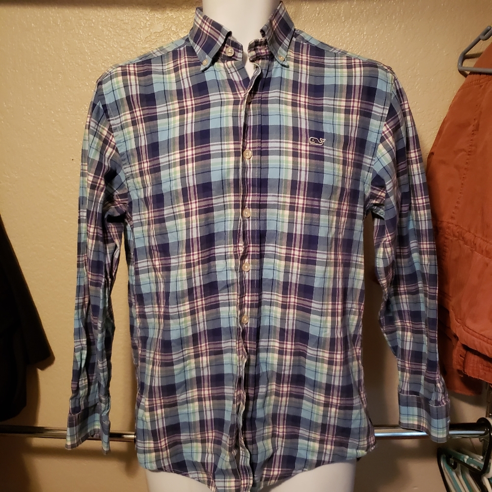 Vineyard Vines Whale Shirt Mens XS Blue Plaid Cotton Casual Button Down